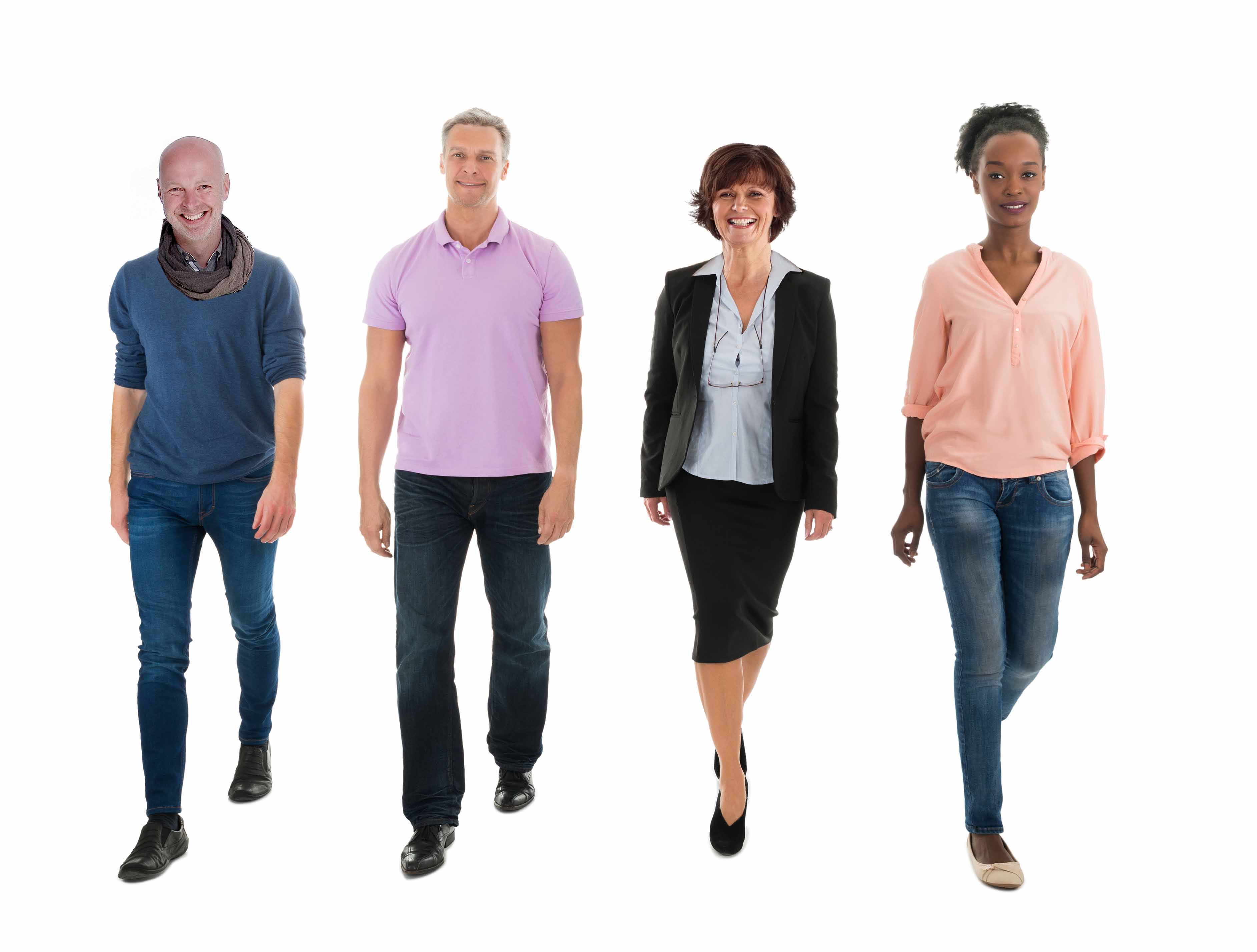 Full length portrait of creative business people walking with manager against white background