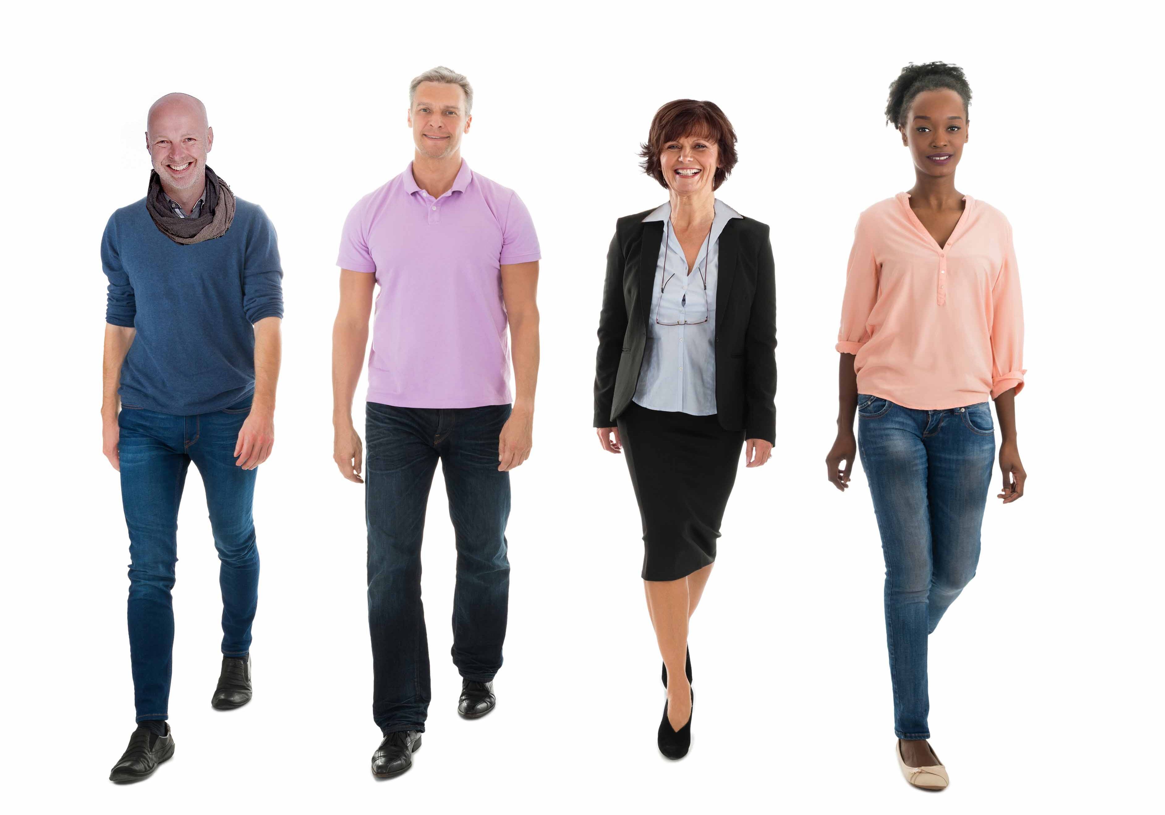 Full length portrait of creative business people walking with manager against white background